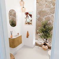 JOYA-DLUX 51,6cm toiletmeubel ronding links kleur Oak. Wastafel FAYE positie Rechts 1 kraangat kleur Meli.