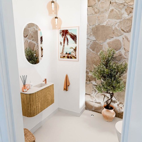 JOYA-DLUX 61,6cm toiletmeubel ronding links kleur Oak. Wastafel FAYE positie Rechts 1 kraangat kleur Meli.