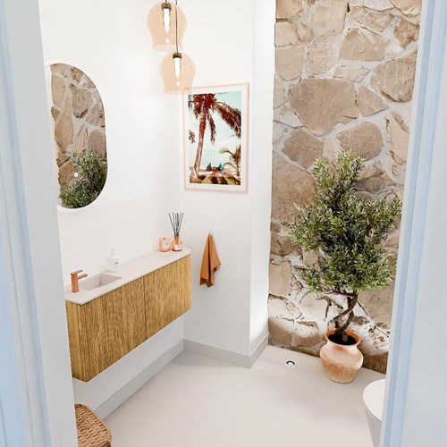 JOYA-DLUX 101,6cm mueble fondo reducido curva derecha color Oak. Lavabo FAYE posición Izquierda 1 orificio color Meli.