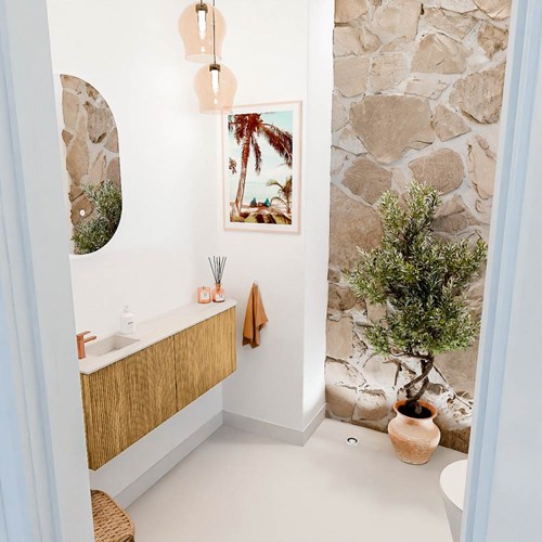 JOYA-DLUX 111,6cm mueble fondo reducido curva derecha color Oak. Lavabo FAYE posición Izquierda 1 orificio color Meli.