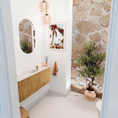 JOYA-DLUX 113,2cm toiletmeubel ronding links + rechts kleur Oak. Wastafel FAYE positie Midden 1 kraangat kleur Meli.