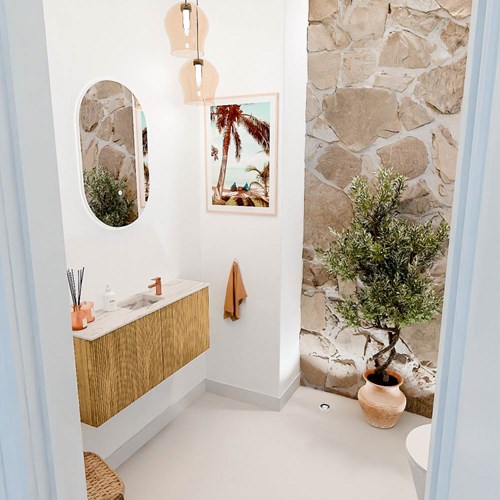 JOYA-DLUX 90cm meuble lave-main couleur Oak. Lavabo FAYE position Centrée 1 trou pour robinetter couleur Nata.