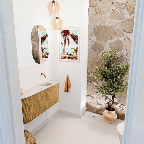 JOYA-DLUX 91,6cm toiletmeubel ronding links kleur Oak. Wastafel FAYE positie Rechts Zonder kraangat kleur Nata.