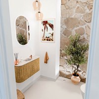 JOYA-DLUX 83,2cm mueble fondo reducido curva izquierda + derecha color Oak. Lavabo FAYE posición Centro 1 orificio color Nata.