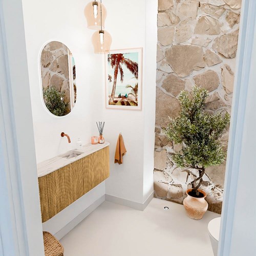 JOYA-DLUX 113,2cm meuble lave-main courbe gauche + droite couleur Oak. Lavabo FAYE position Centrée sans trou pour robinet couleur Nata.