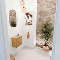 JOYA-DLUX 40cm mueble fondo reducido color Oak. Lavabo FAYE posición Izquierda 1 orificio color Opalo.