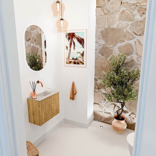 JOYA-DLUX 50cm toiletmeubel kleur Oak. Wastafel FAYE positie Midden Zonder kraangat kleur Opalo.