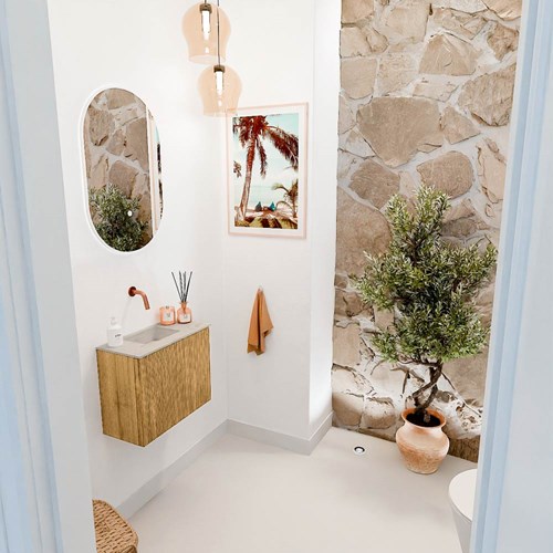 JOYA-DLUX 50cm mueble fondo reducido color Oak. Lavabo FAYE posición Izquierda sin orificio color Opalo.