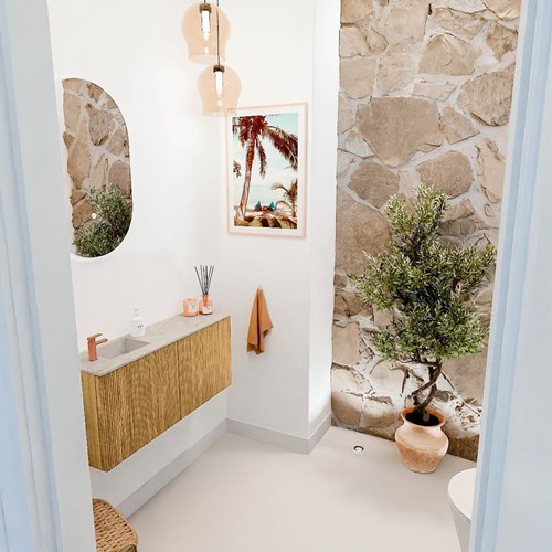 JOYA-DLUX 90cm toiletmeubel kleur Oak. Wastafel FAYE positie Links 1 kraangat kleur Opalo.
