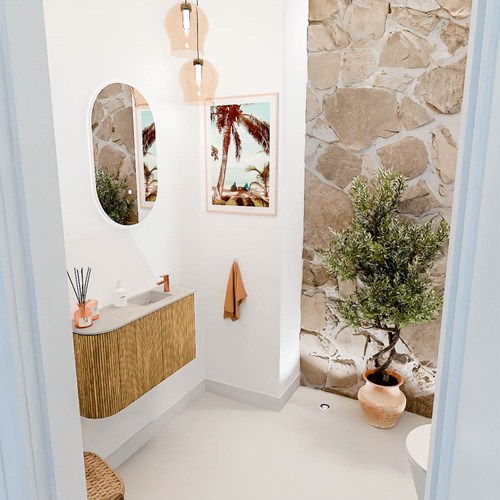 JOYA-DLUX 71,6cm mobile lavabo colore curva sinistra Oak. Lavabo FAYE posizione Destra 1 foro per rubinetto colore Opalo.