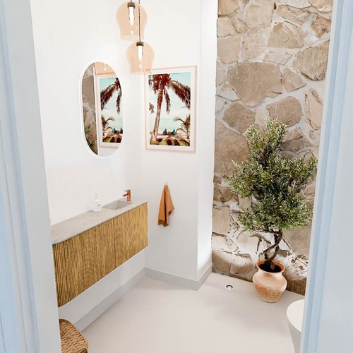 JOYA-DLUX 101,6cm toiletmeubel ronding links kleur Oak. Wastafel FAYE positie Rechts 1 kraangat kleur Opalo.