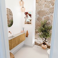 JOYA-DLUX 111,6cm cloakroom vanity set curve right color Oak. Vanity top FAYE position Left without tab hole color Opalo.