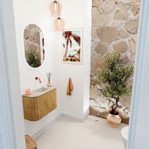 JOYA-DLUX 63,2cm mobile lavabo colore curva sinistra + destra Oak. Lavabo FAYE posizione Centro senza foro per il rubinetto colore Opalo.