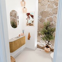 JOYA-DLUX 93,2cm meuble lave-main courbe gauche + droite couleur Oak. Lavabo FAYE position Centrée 1 trou pour robinetter couleur Opalo.