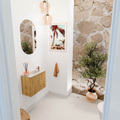 JOYA-DLUX 50cm cloakroom vanity set color Oak. Vanity top FAYE position Right 1 tab hole color Ostra.