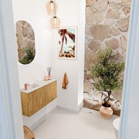 JOYA-DLUX 80cm mueble fondo reducido color Oak. Lavabo FAYE posición Izquierda 1 orificio color Ostra.