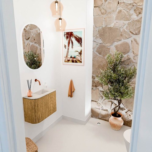 JOYA-DLUX 51,6cm mueble fondo reducido curva izquierda color Oak. Lavabo FAYE posición Derecho sin orificio color Ostra.