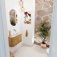 JOYA-DLUX 61,6cm toiletmeubel ronding links kleur Oak. Wastafel FAYE positie Rechts Zonder kraangat kleur Ostra.