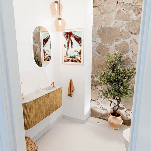 JOYA-DLUX 91,6cm mobile lavabo colore curva sinistra Oak. Lavabo FAYE posizione Destra 1 foro per rubinetto colore Ostra.