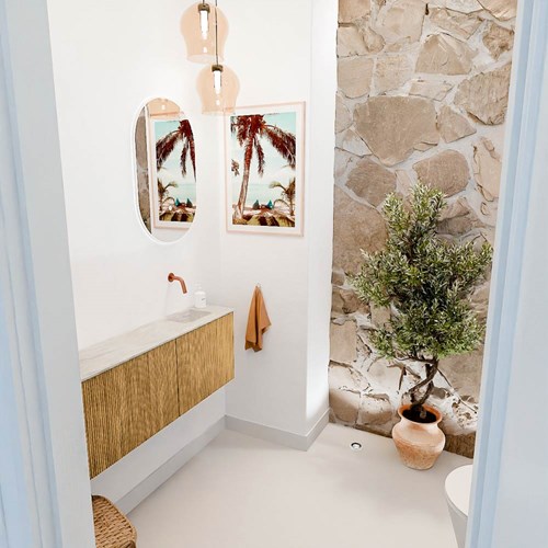 JOYA-DLUX 111,6cm mueble fondo reducido curva izquierda color Oak. Lavabo FAYE posición Derecho sin orificio color Ostra.