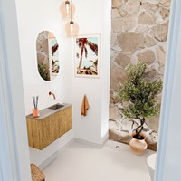 JOYA-DLUX 70cm mobile lavabo colore Oak. Lavabo FAYE posizione Destra senza foro per il rubinetto colore Oza.