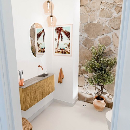 JOYA-DLUX 90cm mobile lavabo colore Oak. Lavabo FAYE posizione Destra senza foro per il rubinetto colore Oza.