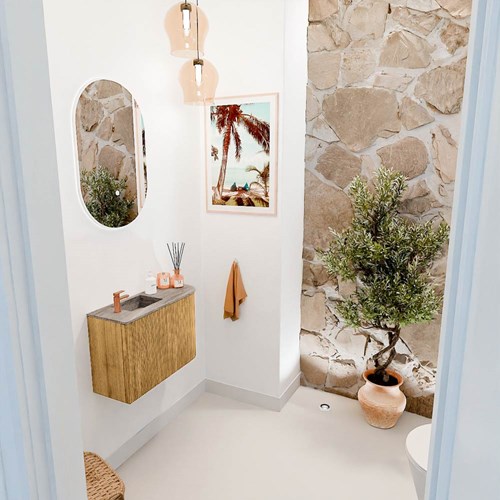 JOYA-DLUX 61,6cm mobile lavabo colore curva destra Oak. Lavabo FAYE posizione Sinistra 1 foro per rubinetto colore Oza.
