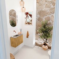 JOYA-DLUX 61,6cm mueble fondo reducido curva derecha color Oak. Lavabo FAYE posición Izquierda sin orificio color Oza.