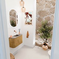 JOYA-DLUX 63,2cm mueble fondo reducido curva izquierda + derecha color Oak. Lavabo FAYE posición Centro sin orificio color Oza.