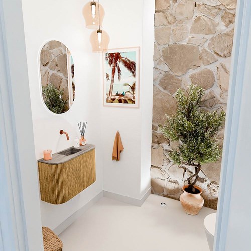 JOYA-DLUX 63,2cm mueble fondo reducido curva izquierda + derecha color Oak. Lavabo FAYE posición Centro sin orificio color Oza.