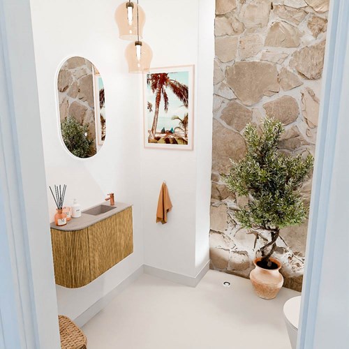 JOYA-DLUX 61,6cm toiletmeubel ronding links kleur Oak. Wastafel FAYE positie Rechts 1 kraangat kleur Saba.