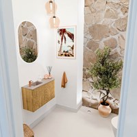 JOYA-DLUX 71,6cm toiletmeubel ronding rechts kleur Oak. Wastafel FAYE positie Links 1 kraangat kleur Saba.