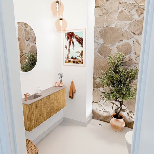 JOYA-DLUX 101,6cm toiletmeubel ronding rechts kleur Oak. Wastafel FAYE positie Links 1 kraangat kleur Saba.