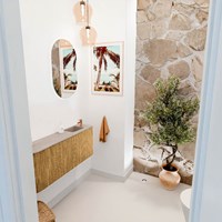 JOYA-DLUX 101,6cm mobile lavabo colore curva sinistra Oak. Lavabo FAYE posizione Destra 1 foro per rubinetto colore Saba.