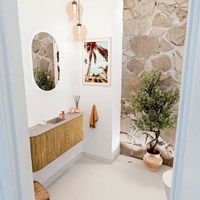 JOYA-DLUX 103,2cm mueble fondo reducido curva izquierda + derecha color Oak. Lavabo FAYE posición Centro 1 orificio color Saba.