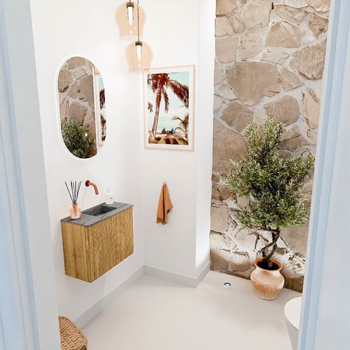 JOYA-DLUX 50cm toiletmeubel kleur Oak. Wastafel FAYE positie Rechts Zonder kraangat kleur Sombra.