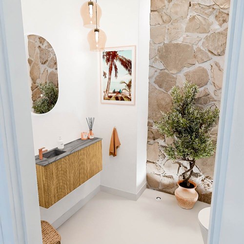 JOYA-DLUX 90cm toiletmeubel kleur Oak. Wastafel FAYE positie Links 1 kraangat kleur Sombra.