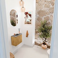 JOYA-DLUX 51,6cm mueble fondo reducido curva derecha color Oak. Lavabo FAYE posición Izquierda 1 orificio color Sombra.