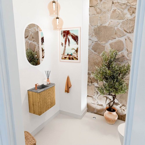 JOYA-DLUX 51,6cm mueble fondo reducido curva derecha color Oak. Lavabo FAYE posición Izquierda 1 orificio color Sombra.