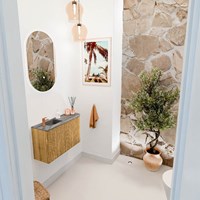 JOYA-DLUX 71,6cm mobile lavabo colore curva destra Oak. Lavabo FAYE posizione Sinistra 1 foro per rubinetto colore Sombra.