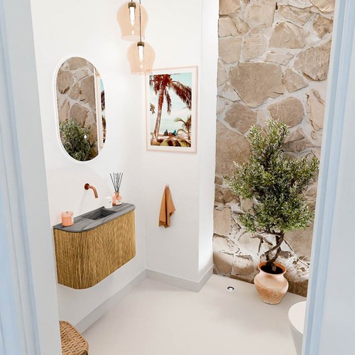 JOYA-DLUX 63,2cm toiletmeubel ronding links + rechts kleur Oak. Wastafel FAYE positie Midden Zonder kraangat kleur Sombra.