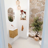 JOYA 40cm mobile lavabo colore Oak. Lavabo FAYE posizione Centro senza foro per il rubinetto colore Talc.