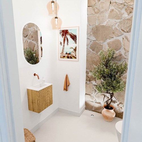 JOYA 40cm mobile lavabo colore Oak. Lavabo FAYE posizione Centro senza foro per il rubinetto colore Talc.