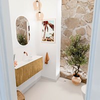 JOYA 100cm toiletmeubel kleur Oak. Wastafel FAYE positie Midden Zonder kraangat kleur Talc.