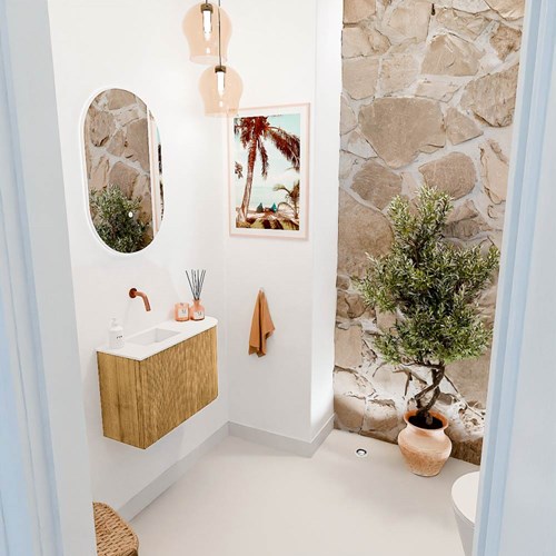 JOYA 61,6cm mobile lavabo colore curva destra Oak. Lavabo FAYE posizione Sinistra senza foro per il rubinetto colore Talc.
