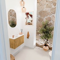 JOYA 71,6cm mobile lavabo colore curva destra Oak. Lavabo FAYE posizione Sinistra 1 foro per rubinetto colore Talc.