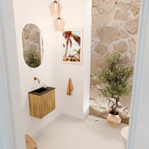 JOYA 40cm mueble fondo reducido color Oak. Lavabo FAYE posición Izquierda sin orificio color Urban.