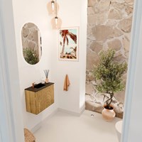 JOYA 50cm mueble fondo reducido color Oak. Lavabo FAYE posición Izquierda 1 orificio color Urban.
