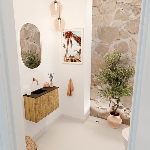 JOYA 60cm mobile lavabo colore Oak. Lavabo FAYE posizione Sinistra senza foro per il rubinetto colore Urban.