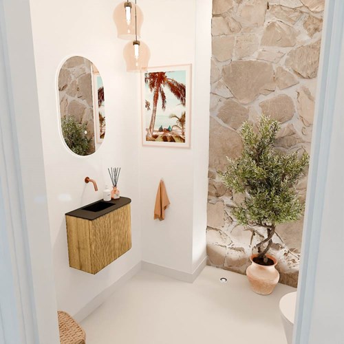 JOYA 51,6cm mueble fondo reducido curva derecha color Oak. Lavabo FAYE posición Izquierda sin orificio color Urban.